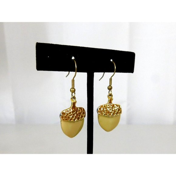 Flat Acorn Fishhook Earrings Gold Tone Beige/Tan See Item Description - Picture 3 of 6